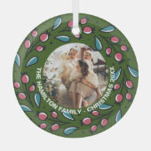 クリスマスパーソナライズされたリースフォトフレーム ガラスオーナメント (正面)