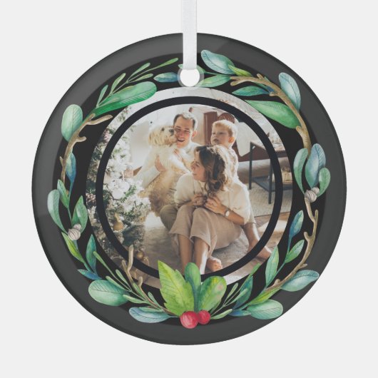 クリスマスパーソナライズされたリースフォトフレーム ガラスオーナメント (正面)