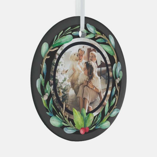クリスマスパーソナライズされたリースフォトフレーム ガラスオーナメント (正面右)