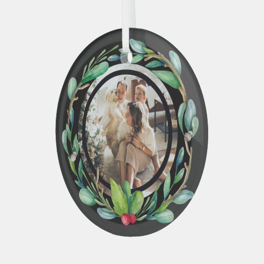 クリスマスパーソナライズされたリースフォトフレーム ガラスオーナメント (正面左)