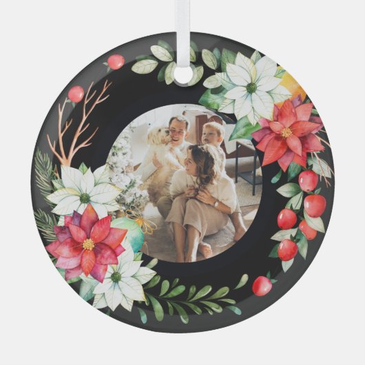 クリスマスパーソナライズされたリースフォトフレーム ガラスオーナメント (正面)