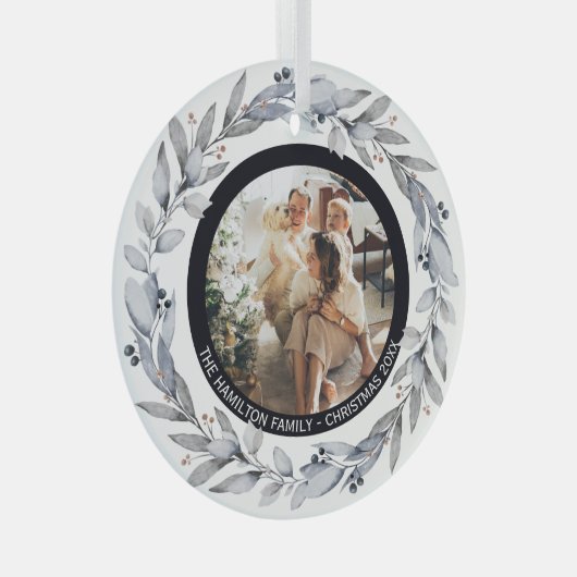 クリスマスパーソナライズされたリースフォトフレーム ガラスオーナメント (正面右)
