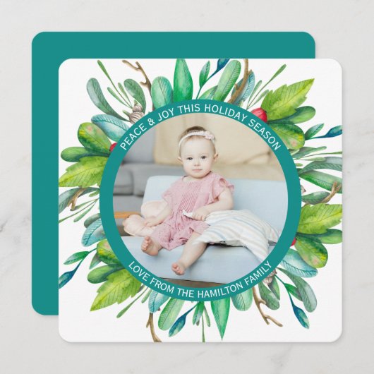 クリスマスパーソナライズされたリース写真 シーズンカード (正面/裏面)
