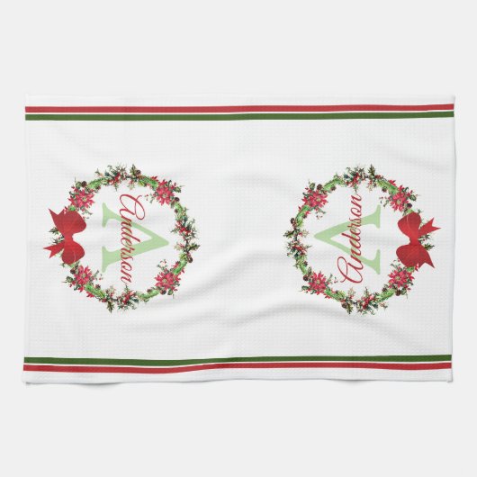 クリスマスパーソナライズされたリース キッチンタオル (横)