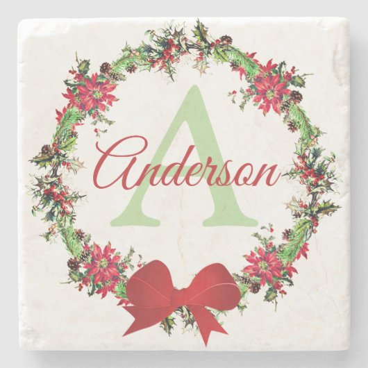 クリスマスパーソナライズされたリース ストーンコースター (正面)