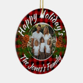 クリスマスパーソナライズされた写真赤い格子模様のピンコン セラミックオーナメント (右)
