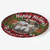 クリスマスパーソナライズされた写真赤い格子模様のピンコン ペーパープレート (アングル)