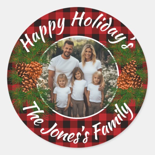 クリスマスパーソナライズされた写真赤い格子模様のピンコン ラウンドシール (正面)