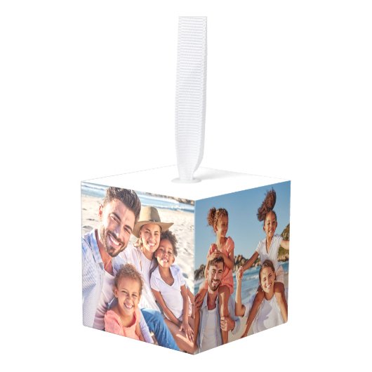 クリスマスパーソナライズされた家族の写真 キューブオーナメント (正面アングル)