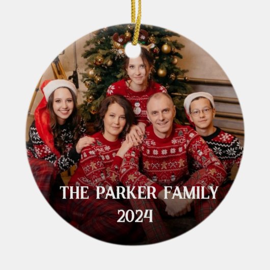 クリスマスパーソナライズされた引用文付き家族の写真 セラミックオーナメント (正面)