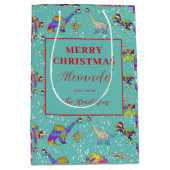 クリスマスパーソナライズされた恐竜 ミディアムペーパーバッグ (正面)