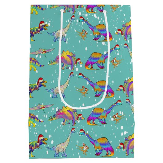 クリスマスパーソナライズされた恐竜 ミディアムペーパーバッグ (裏面)