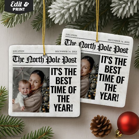 クリスマスパーソナライズされた新聞写真 セラミックオーナメント
