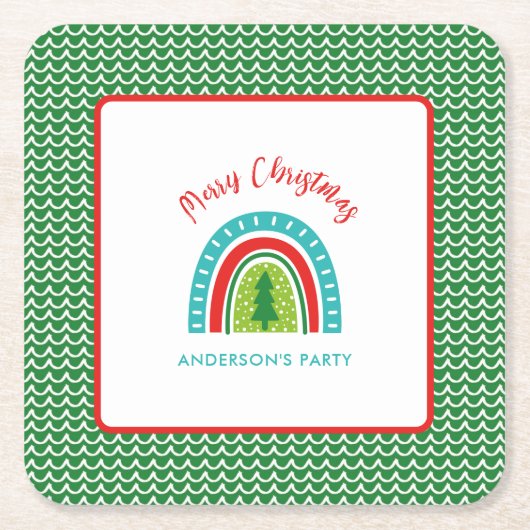 クリスマスパーソナライズされた虹 スクエアペーパーコースター (正面)