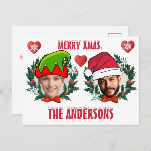 クリスマスパーソナライズされた顔カットアウト小妖精や小人とサンタ ポストカード (正面/裏面)
