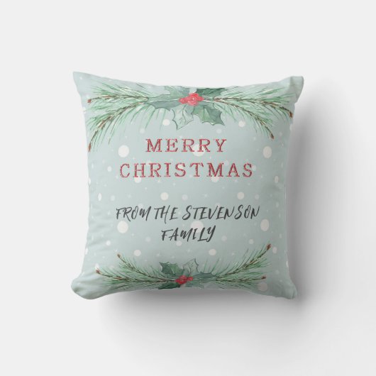 クリスマスパーソナライズされた、トウヒ、ヤドリギ クッション (正面)