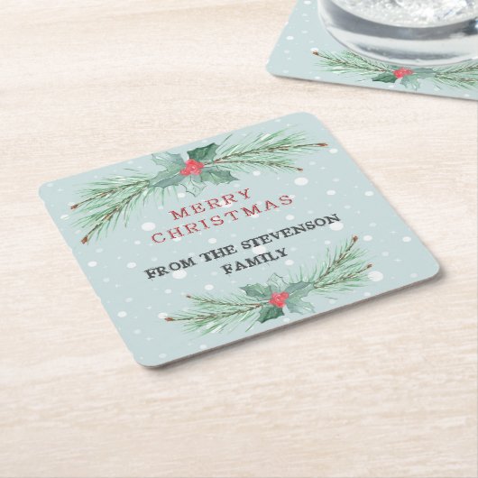 クリスマスパーソナライズされた、トウヒ、ヤドリギ スクエアペーパーコースター (アングル)