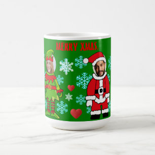 クリスマスパーソナライズされた。顔はサンタと小妖精や小人を切り抜いた コーヒーマグカップ
