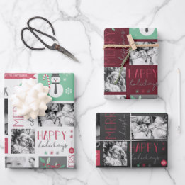 クリスマスパーソナル4フォトモダンフェスティバルトリカラー ラッピングペーパーシート