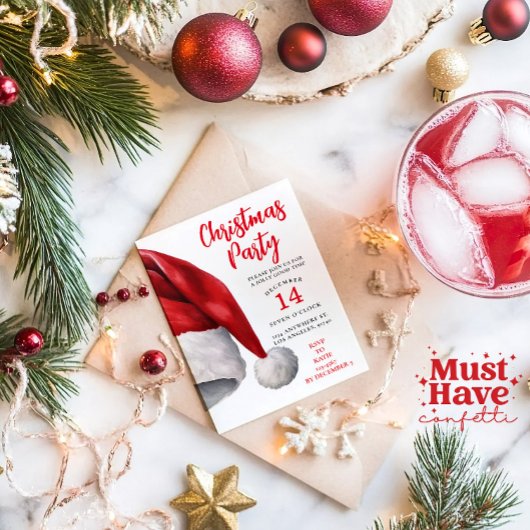 クリスマスパーティの招待状ウォーターカラーサンタハット シーズンカード