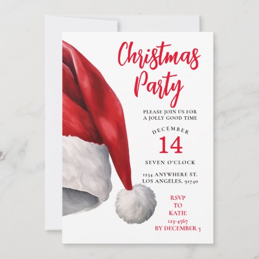 クリスマスパーティの招待状ウォーターカラーサンタハット シーズンカード (正面)