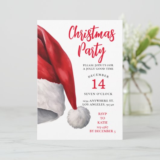 クリスマスパーティの招待状ウォーターカラーサンタハット シーズンカード (スタンド正面)