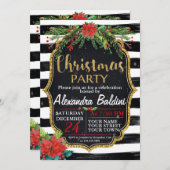 クリスマスパーティの招待状ストライプ、フローラ 招待状 (正面/裏面)