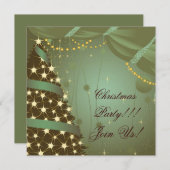 クリスマスパーティの招待状ツリーとカーテン 招待状 (正面/裏面)