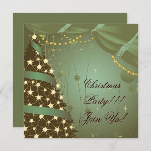 クリスマスパーティの招待状ツリーとカーテン 招待状 (正面/裏面)
