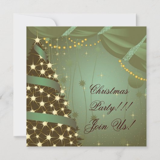 クリスマスパーティの招待状ツリーとカーテン 招待状 (正面)