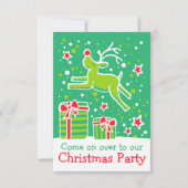 クリスマスパーティの招待状トナカイ緑の赤 招待状 (正面)