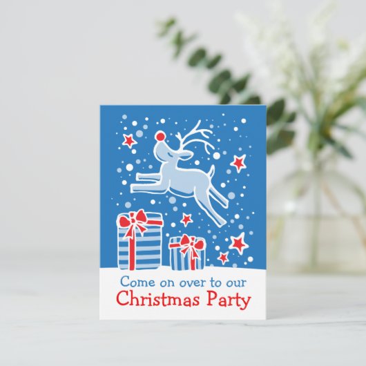 クリスマスパーティの招待状トナカイ青赤 招待状 (スタンド正面)