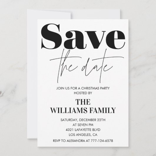 クリスマスパーティの招待状日付を保存する黒 招待状 (正面)