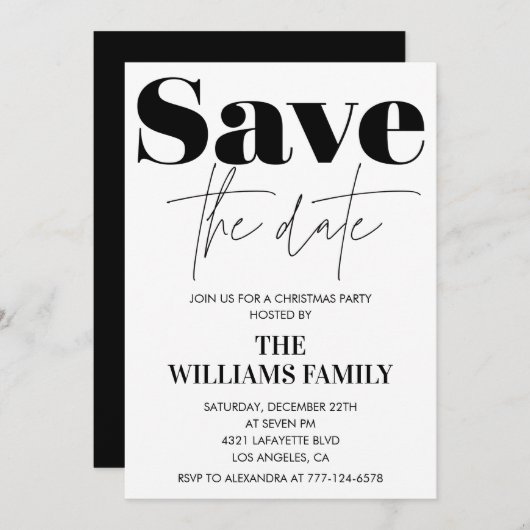 クリスマスパーティの招待状日付を保存する黒 招待状 (正面/裏面)