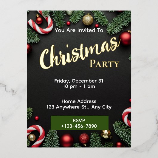 クリスマスパーティの招待状編集可能フォイルはがき 箔招待状ポストカード (正面)