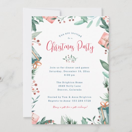 クリスマスパーティの招待状 – ギフト、ベリー、ホリー 招待状 (正面)
