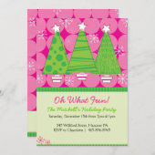 クリスマスパーティの招待状-ピンクと緑の木 招待状 (正面/裏面)