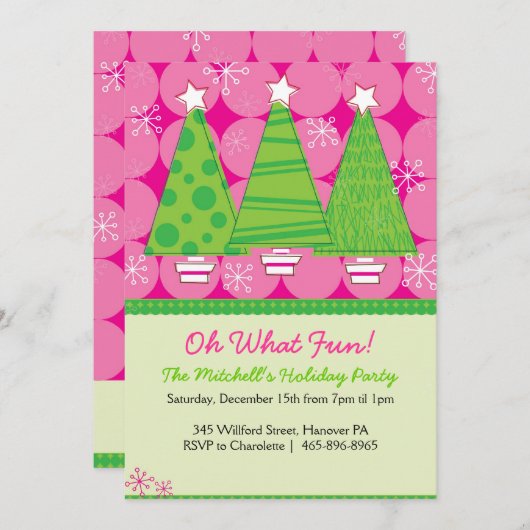 クリスマスパーティの招待状-ピンクと緑の木 招待状 (正面/裏面)