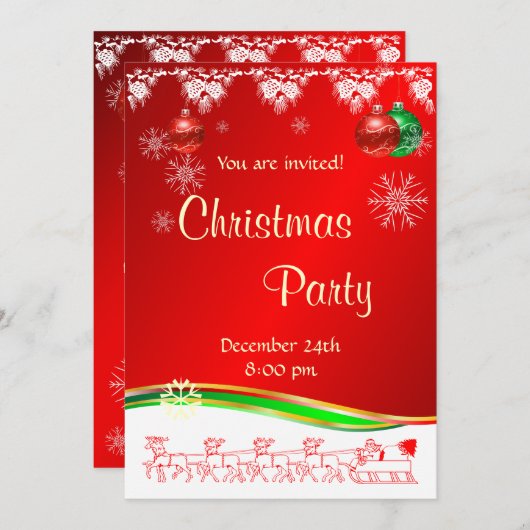 クリスマスパーティの招待状（赤と緑） 招待状 (正面/裏面)