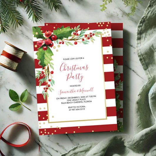クリスマスパーティの招待状 – 赤ストライプ色 招待状