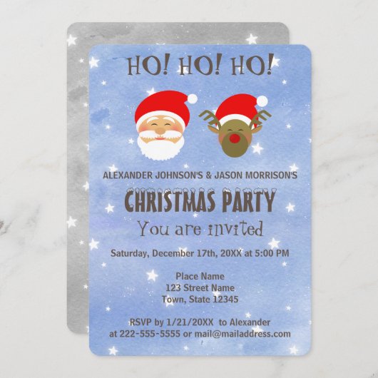クリスマスパーティーかわいいサンタクロースと鹿 招待状 (正面/裏面)