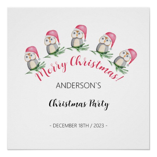 クリスマスパーティーかわいいフクロウ水彩イラストレーション ポスター (正面)