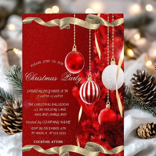 クリスマスパーティーのためのレッドクリスマスツリーボール 招待状