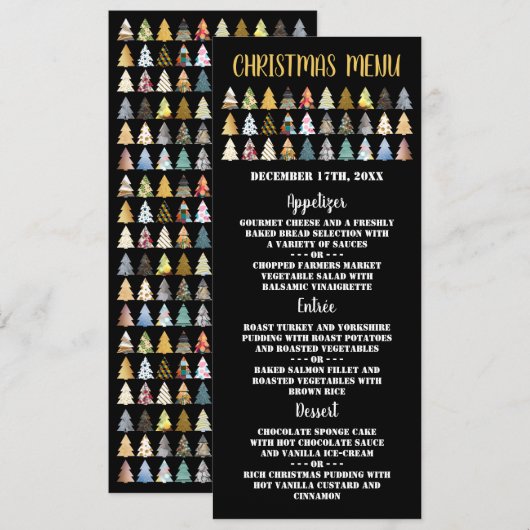 クリスマスパーティーのための華やかな松の木とメニュー 招待状 (正面/裏面)