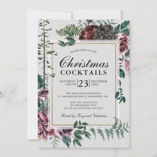 クリスマスパーティーのカクテル ラスティック バーガンディ レッド フローラル 招待状 (正面)
