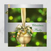 クリスマスパーティーのゴールドイエローグリーンボールに招待 招待状 (正面/裏面)