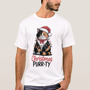 クリスマスパーティーのネコちゃん クリスマスのイルミネーションに包まれた猫 Xmas Tシャツ