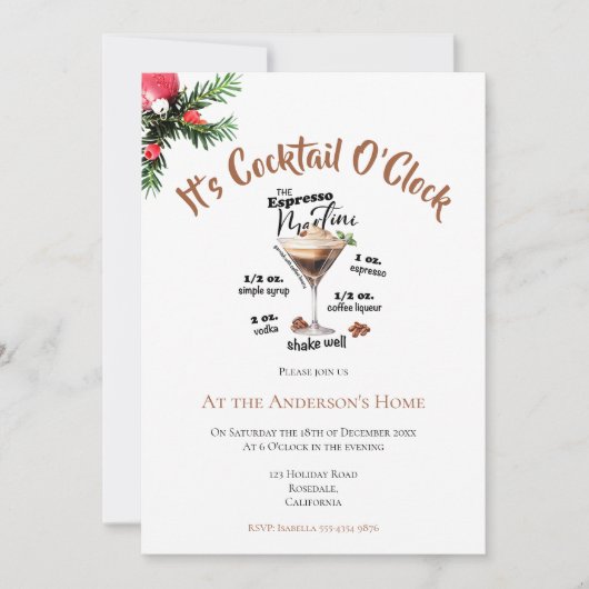 クリスマスパーティーのブラウン ドリンク「It's Cocktail O'Clock」 招待状 (正面)