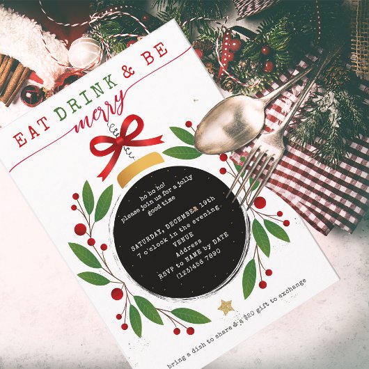 クリスマスパーティーのポトラック Eat Drink and Be Merry 招待状