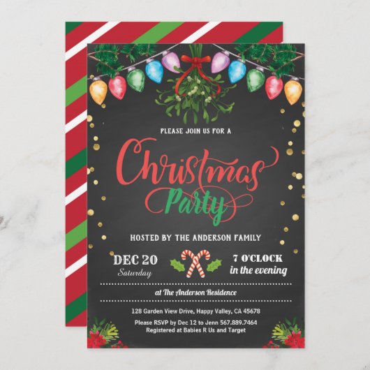 クリスマスパーティーの休日のパーティーchalkboard mistletoe 招待状 (正面/裏面)